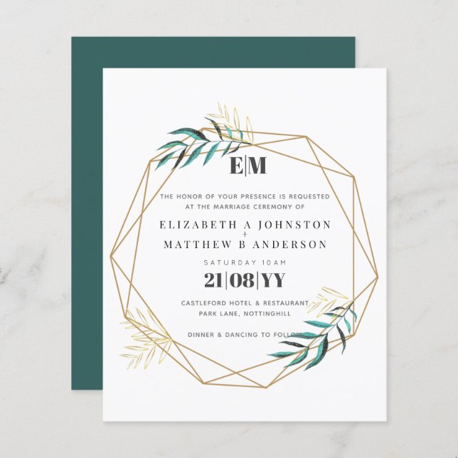 Budget Greenery Gold Mariage géométrique Invite (Devant / Derrière)