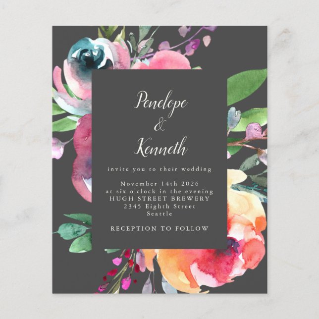 Budget Grey Aquarelle Florale Élégant Mariage (Devant)
