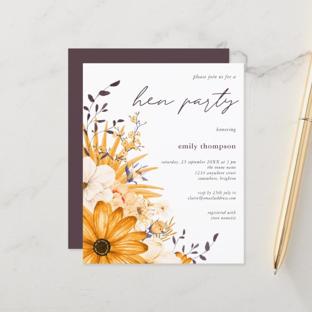 Budget Grey Jaune Floral Hen Party Invitation (Devant/Arrière en situation)