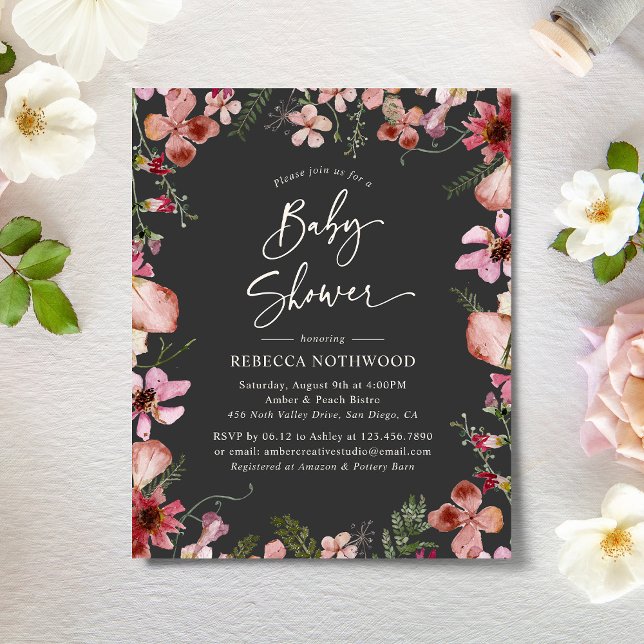 Budget Grey Magenta Floral Baby shower Invitation (Créateur téléchargé)