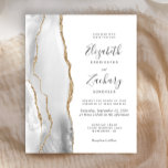 Budget Grey White Gold Agate Faire-part de mariage<br><div class="desc">Le bord gauche de cette élégante faire-part de mariage moderne est orné d'une bordure en aquarelle grise et blanche ornée d'une parties scintillant en faux or. Le texte personnalisable combine écriture manuscrite, copperplate et polices italiques en gris fusain sur un arrière - plan blanc. L'envers est assorti d'un design d'agate...</div>