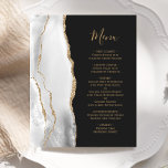 Budget Gris Agate Gold Script Mariage foncé Menu<br><div class="desc">Le bord gauche de cet élégant menu mariage moderne comporte une bordure d'aquarelle gris et blanc ornée d'une parties scintillant en faux or. Le texte personnalisable combine un script d'écriture manuscrite de couleur or fantaisie et des polices de cuivre sur un arrière - plan sombre. L'envers présente un design d'agate...</div>