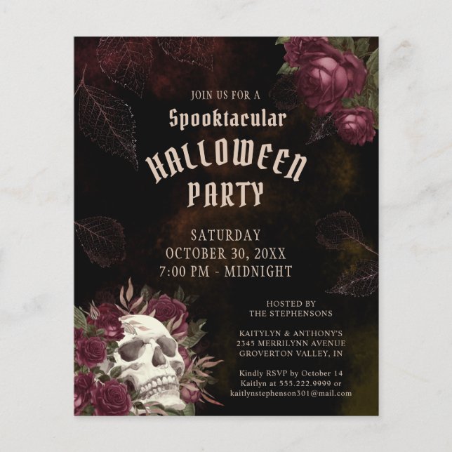 Budget Halloween Parti Crâne Roses Invitation (Devant)