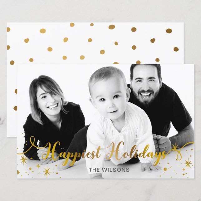 Budget Happest Holidays Gold Photo Holiday Card (Devant / Derrière)
