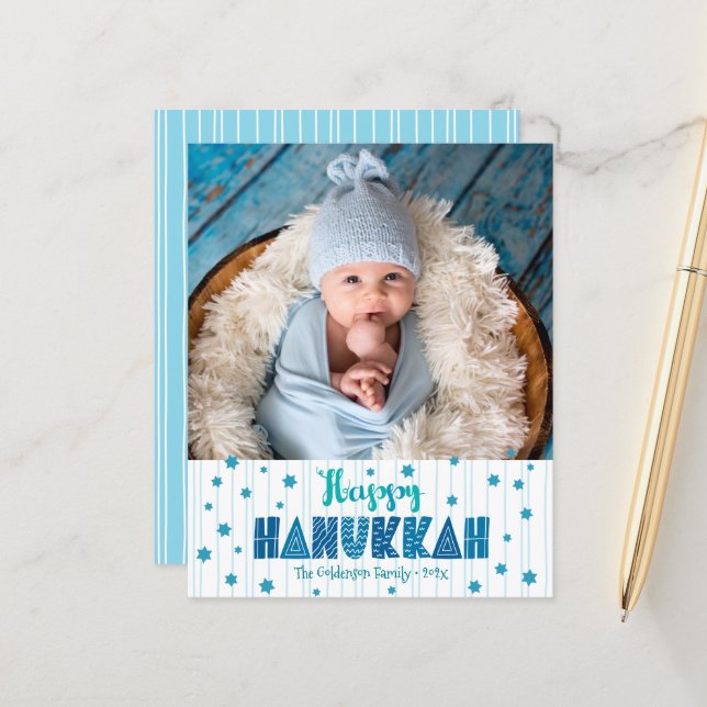 Budget Happy Hanoukka Photo Blue Stars Carte moder (Devant/Arrière en situation)