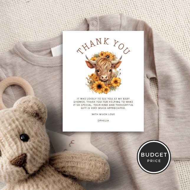 Budget Highland Cow Sunflowers Baby shower Merci (Budget price smaller alternative)