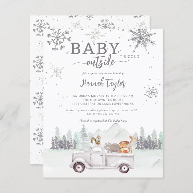 Budget Hiver Baby shower des bois Invitation (Devant / Derrière)