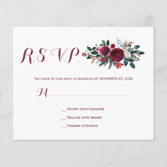 Budget hiver burgundy floral mariage rsvp carte (Devant)
