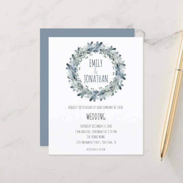 Budget hiver Floral Turquoise Wreath Wedding Invit (Devant/Arrière en situation)