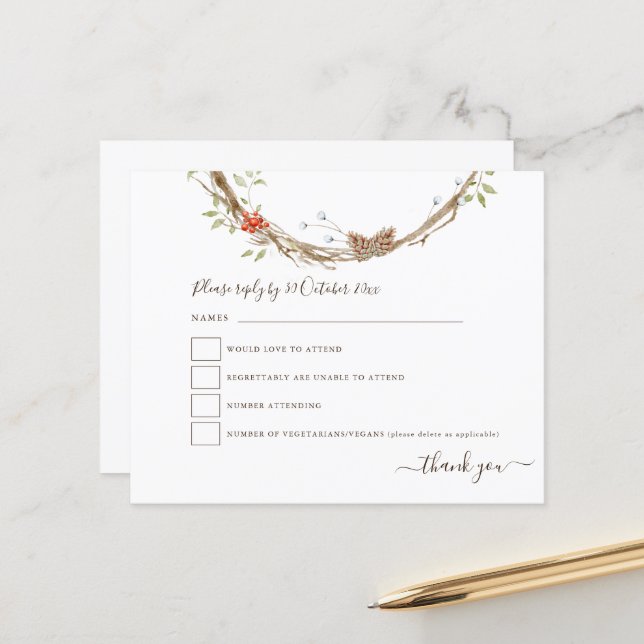Budget Hiver Pines Berries Festive Mariage RSVP (Devant/Arrière en situation)