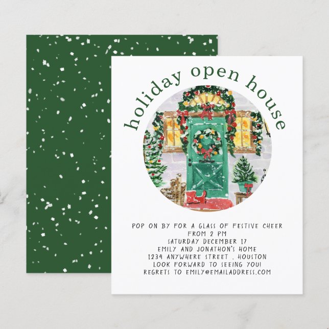 Budget Holiday Open House Party Invitation vert (Devant / Derrière)