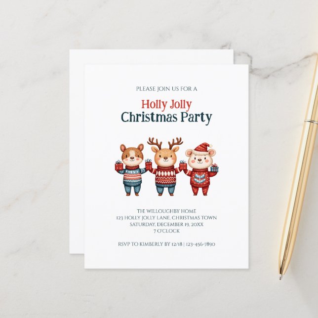 Budget Holly Jolly Fête de Noël Invitation (Devant/Arrière en situation)