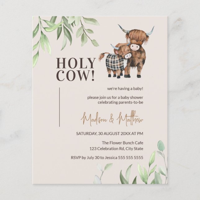 Budget Holy Cow Greenery Rustic Baby shower Invita (Devant)
