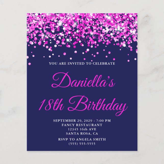 Budget Hot Pink Glitter Navy 18th Birthday Invite (Devant)