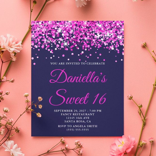 Budget Hot rose Parties scintillant Marine Sweet 1 (Budget Hot Pink Glitter Navy Sweet 16 Invite)