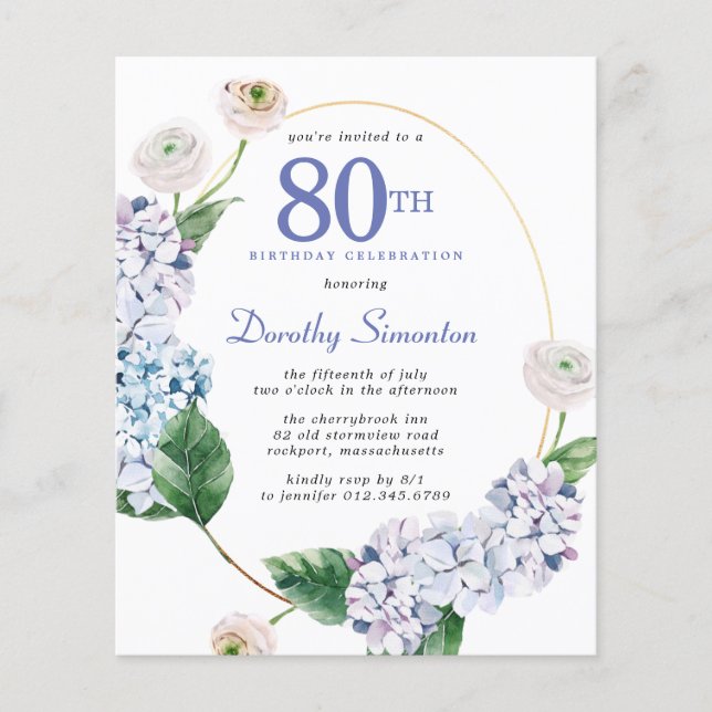 Budget Hydrangea Rose 80e anniversaire Invitation (Devant)