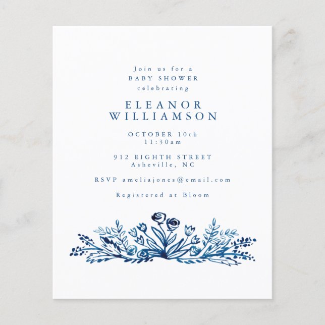Budget Indigo Blue Enk Floral Baby shower Invitati (Devant)