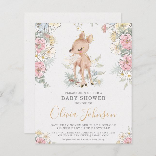BUDGET Invitation Baby shower floral de cerfs de b (Devant / Derrière)