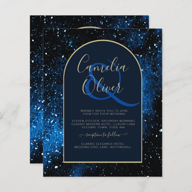 BUDGET Invitation de mariage bleu nuit étoilé or (Devant / Derrière)