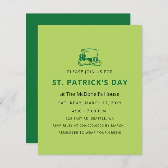 Budget Invitation Jour de la Saint Patrick simple (Devant / Derrière)