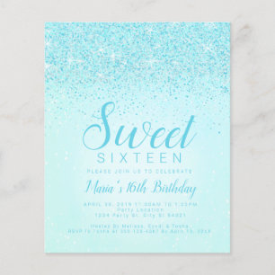 Budget Invitations Sweet 16 avec paillettes Aqua