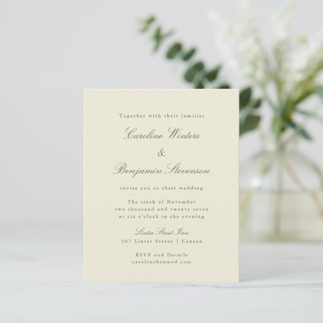 Budget Ivory Olive Élégant Mariage Invitation (Debout devant)