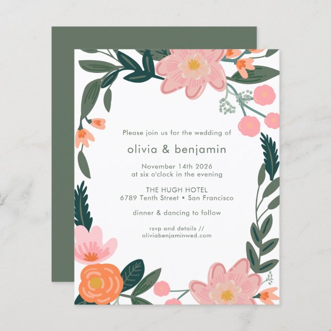 Budget Jardin Rose Jardin Fleurs Mariage Invitatio (Devant / Derrière)