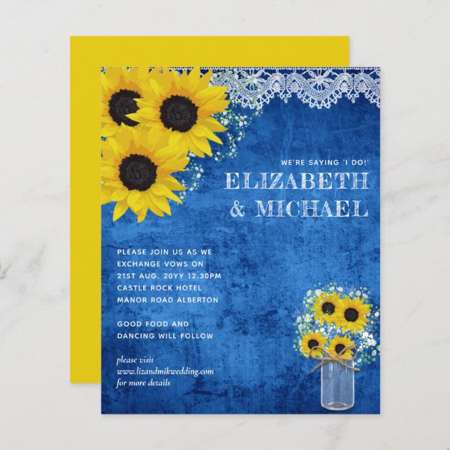 BUDGET Jaune Bleu Tournesols Mariage Invitation (Devant / Derrière)