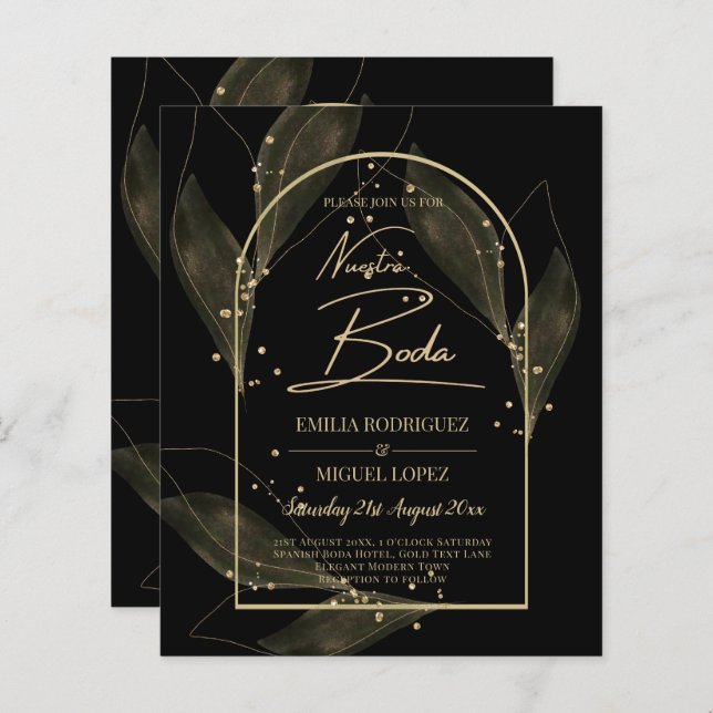 BUDGET Jet Black Gold Feuilles mariage INVITE (Devant / Derrière)