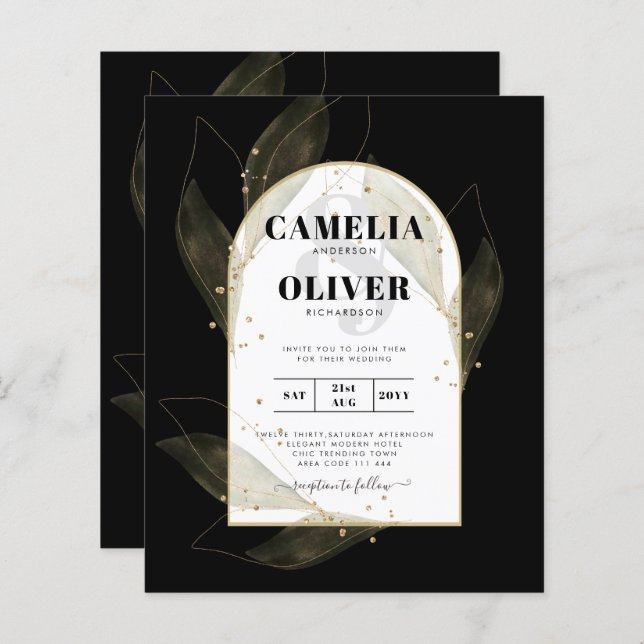 BUDGET Jet Black Gold Feuilles mariage INVITE (Devant / Derrière)