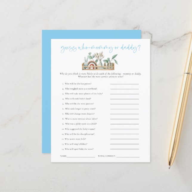 Budget Jeu Devinez Qui Maman Papa Baby shower Bleu (Devant/Arrière en situation)
