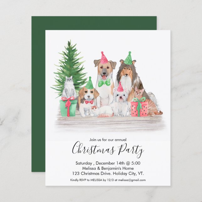 Budget Joli Animaux de Noël Chien Chat Invitation (Devant / Derrière)