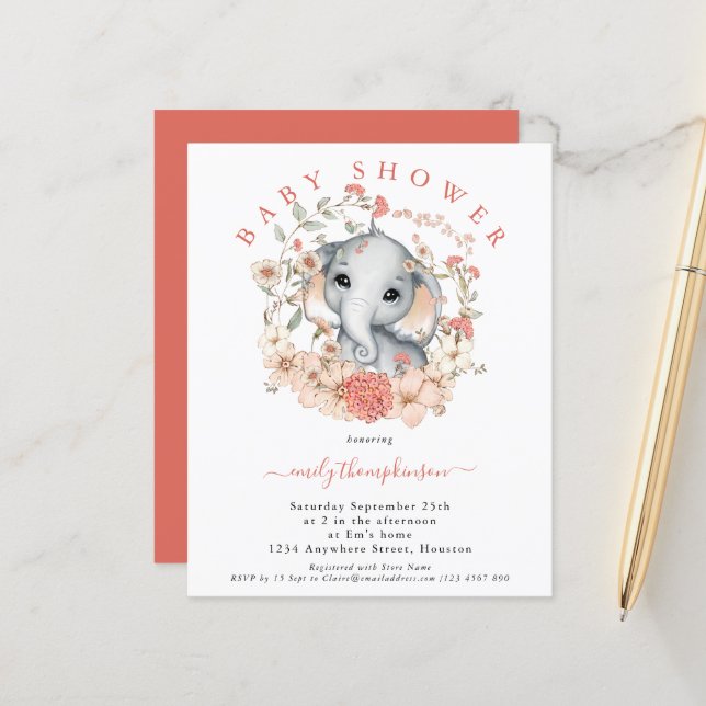 Budget Jote Elephant Coral Baby shower Invitation (Devant/Arrière en situation)