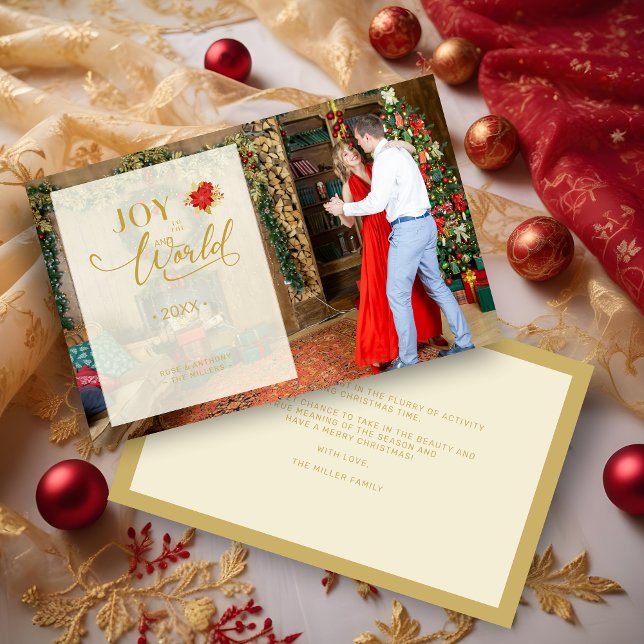 Budget Joy to Word Transparent Overlay Photo (Inexpensive Cheap Elegant Photo Whimsical Joy to the World Quote Holiday Card with Envelope. )