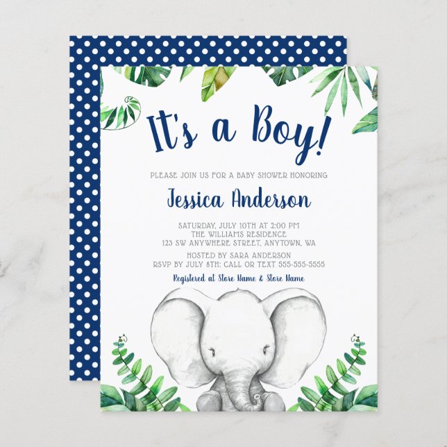 Budget Jungle Elephant Boy Marine Baby shower bleu (Devant / Derrière)