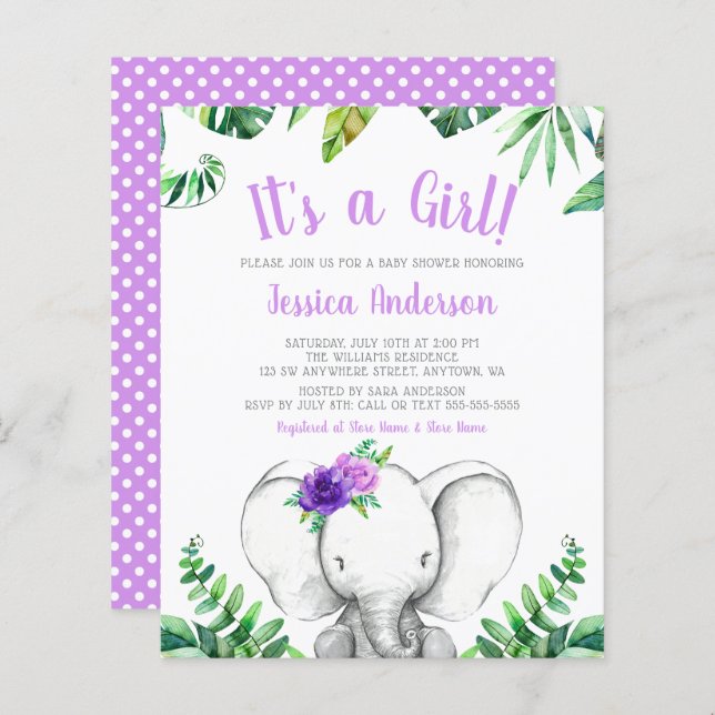 Budget Jungle Elephant Girl Purple Baby shower (Devant / Derrière)