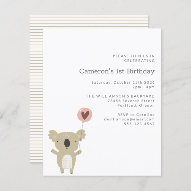 Budget Koala Bear Simple 1er anniversaire Invitati (Devant / Derrière)