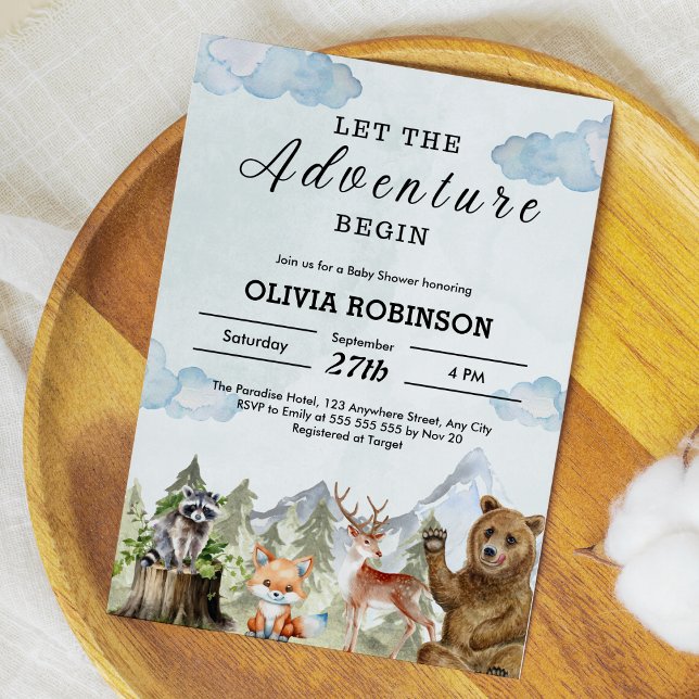 Budget Laisser l'aventure commencer Baby shower In (Budget Let the Adventure Begin Mountain Boy Baby Shower Invitation )