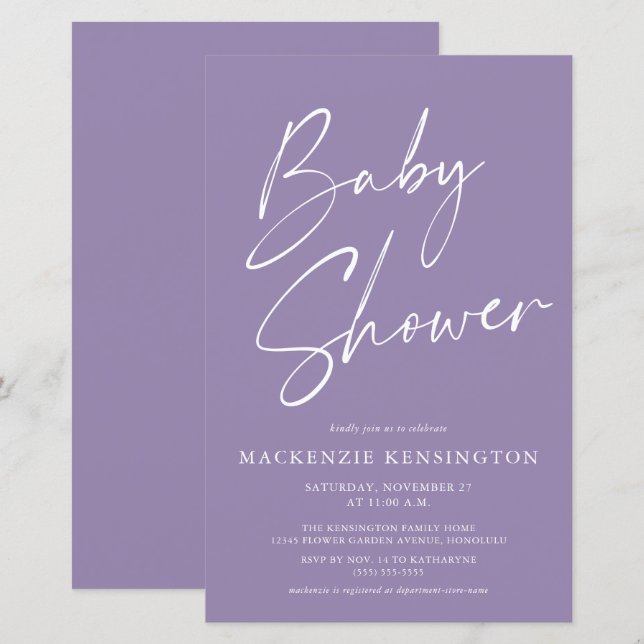 Budget Lavender Purple Simple Script Baby shower (Devant / Derrière)