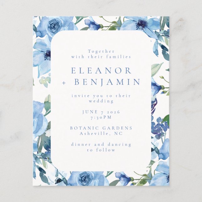 Budget Léger Bleu Aquarelle Floral Mariage Invitat (Devant)