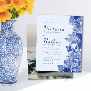 Budget Léger Bleu Photo Floral Mariage Invitation