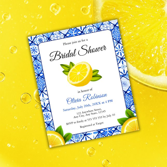 Budget Lemon Méditerranée Fête des mariées Invitat (Budget Mediterranean Italian Tile Lemon Bridal Shower Invitation  )