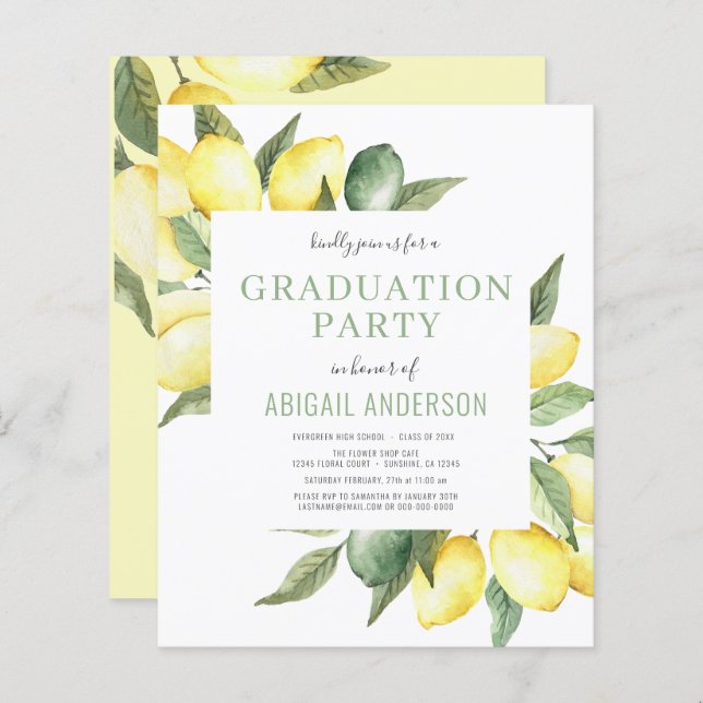 Budget Lemon Modern Grad Party 2023 Invitation (Devant / Derrière)