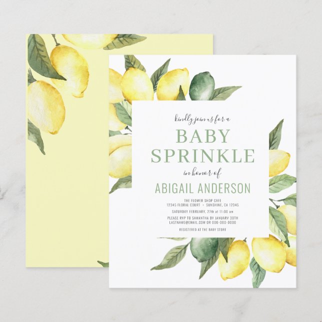 Budget Lemon Moderne Baby Sprinkl Invitation (Devant / Derrière)