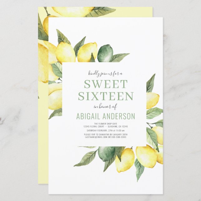 Budget Lemon Sweet sixteen Invitation d'anniversai (Devant / Derrière)