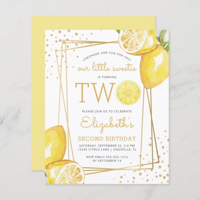 Budget Lemon Watercolor 2e anniversaire Invitation (Devant / Derrière)