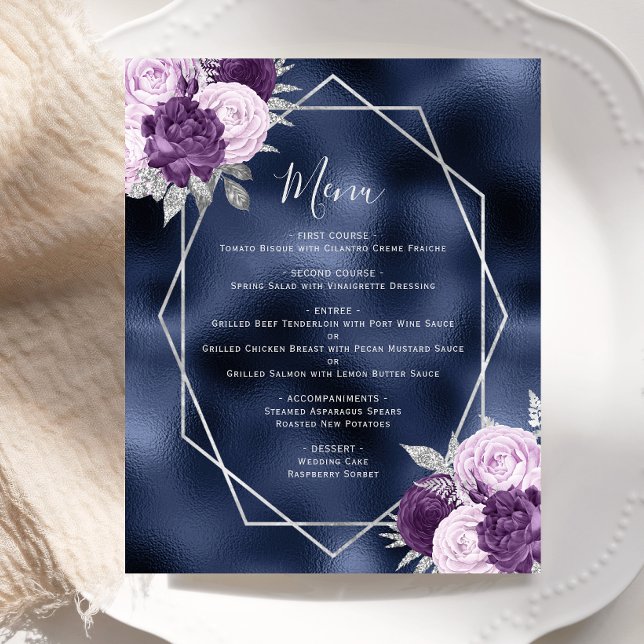 Budget Lilac Floral Silver Navy Menu Mariage (Créateur téléchargé)