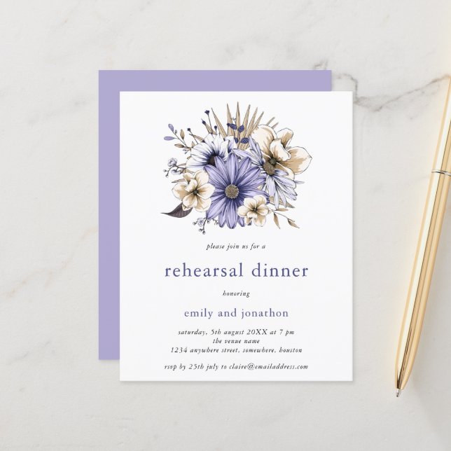 Budget Lilac Florals Répétition Dîner Invitation (Devant/Arrière en situation)