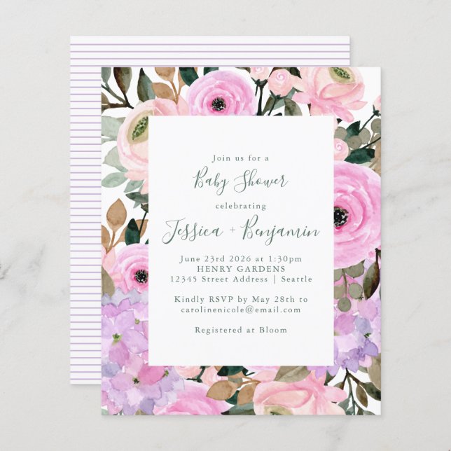 Budget Lilac rose Baby shower à rayures florales (Devant / Derrière)