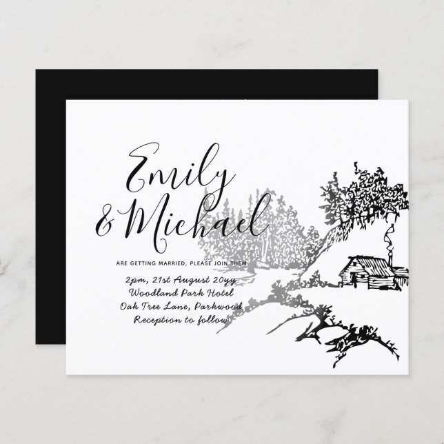 Budget Lineart Cabine à Woods Mariage Invitation (Devant / Derrière)